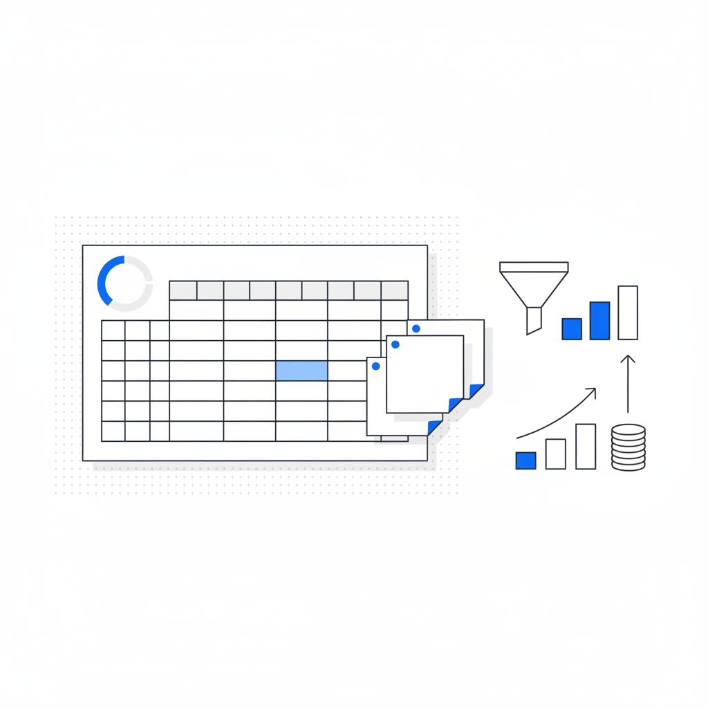Flat-lay vector illustration of a spreadsheet and sticky notes visualizing conversion math for TikTok earnings 500k views with charts, funnel and arrows in Agency Visible colors.