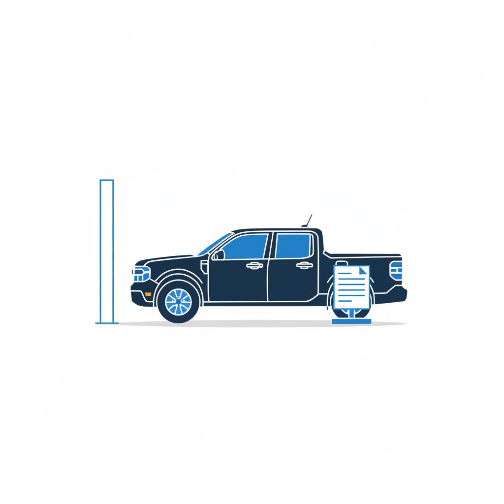 Minimal 2D vector of a compact pickup on a dealership lot next to a blank vehicle history report icon in CarFax Deals colors showing ford mavericks for sale