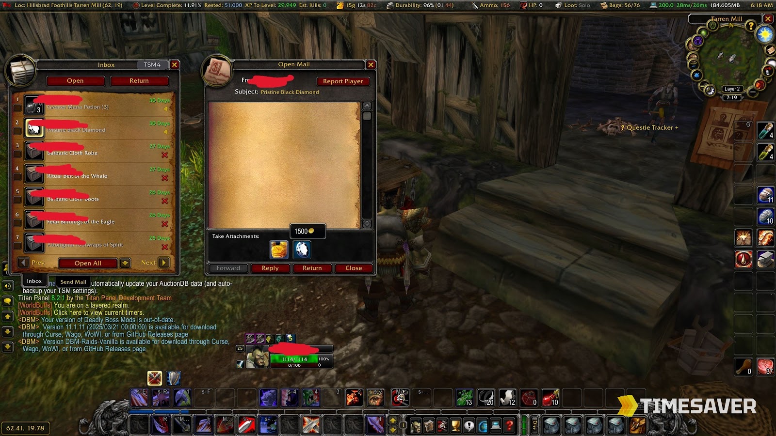 WoW Classic in-game mailbox with an unsolicited 1,500 gold attachment — receiving illicit gold is now actionable
