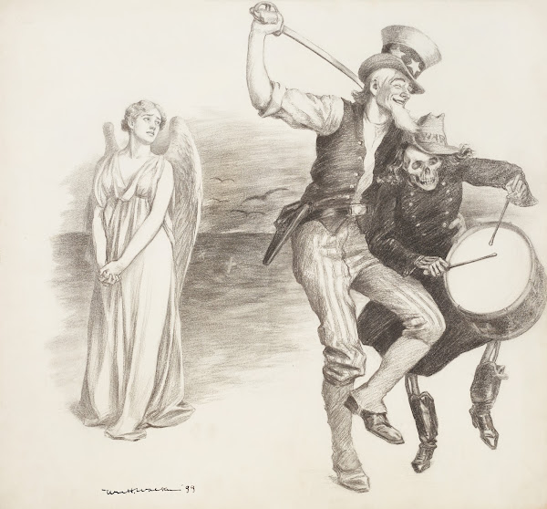 Uncle Sam dances with a skeleton in uniform representing War while a female ange