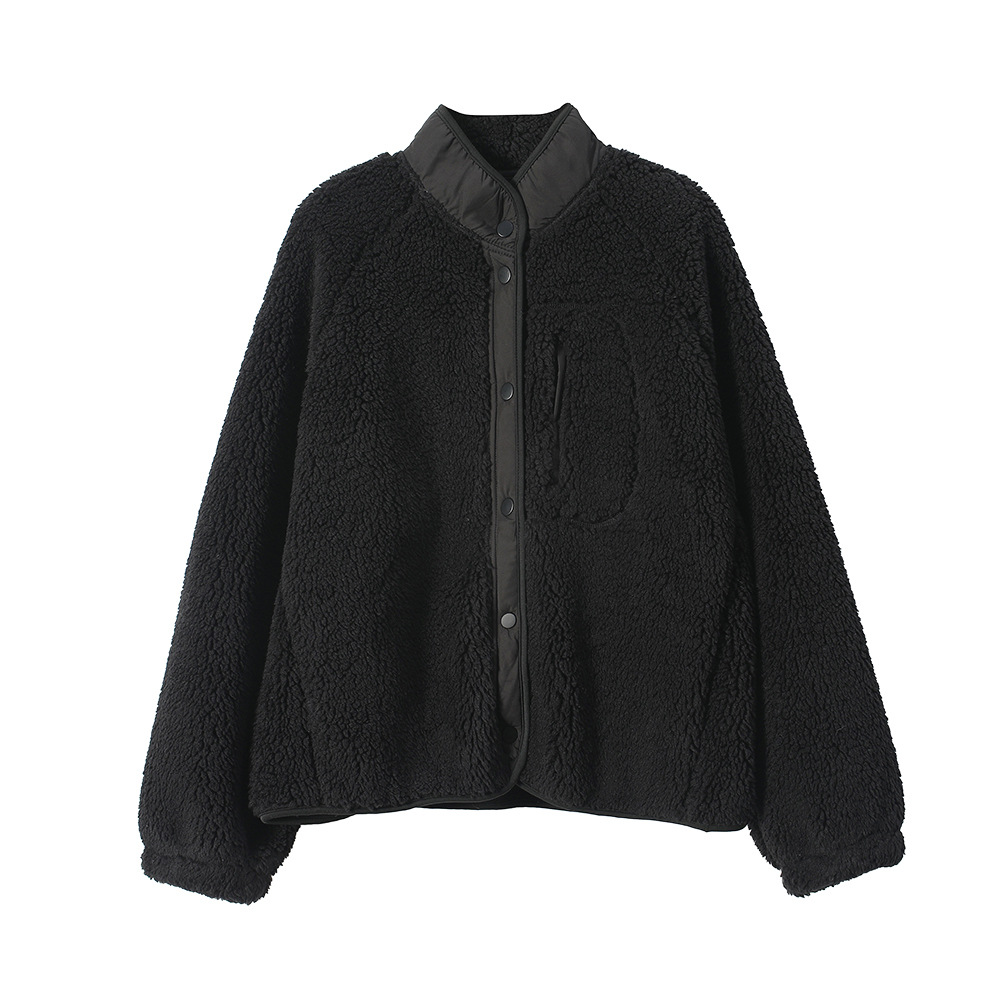 Lined fleece jacket with lamb's wool look and stand-up collar
