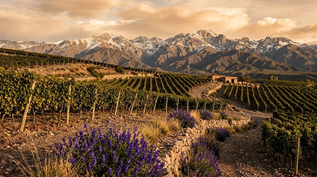 High-altitude vineyard landscape beneath the Andes in Mendoza