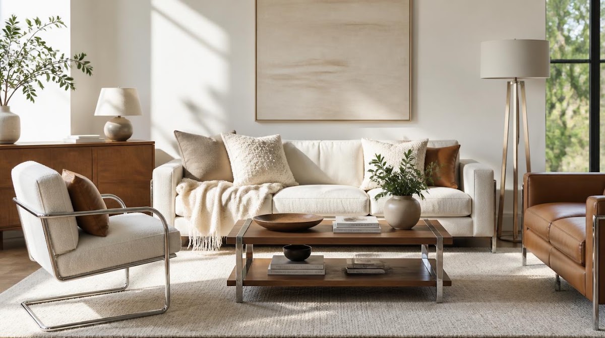 How to Make Chrome and Leather Feel Warm in a Living Room - small apartment chrome furniture measured beside warm wood storage