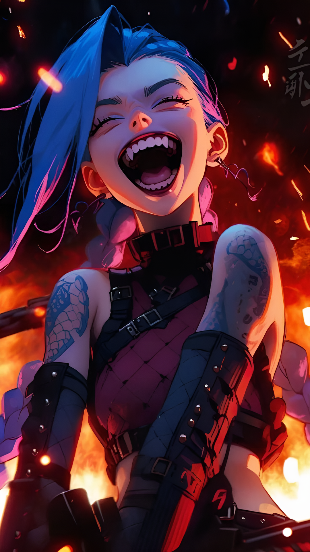 Jinx Maniacal Laugh Arcane Style Blue Hair Fire Art - Free 4K mobile Wallpaper