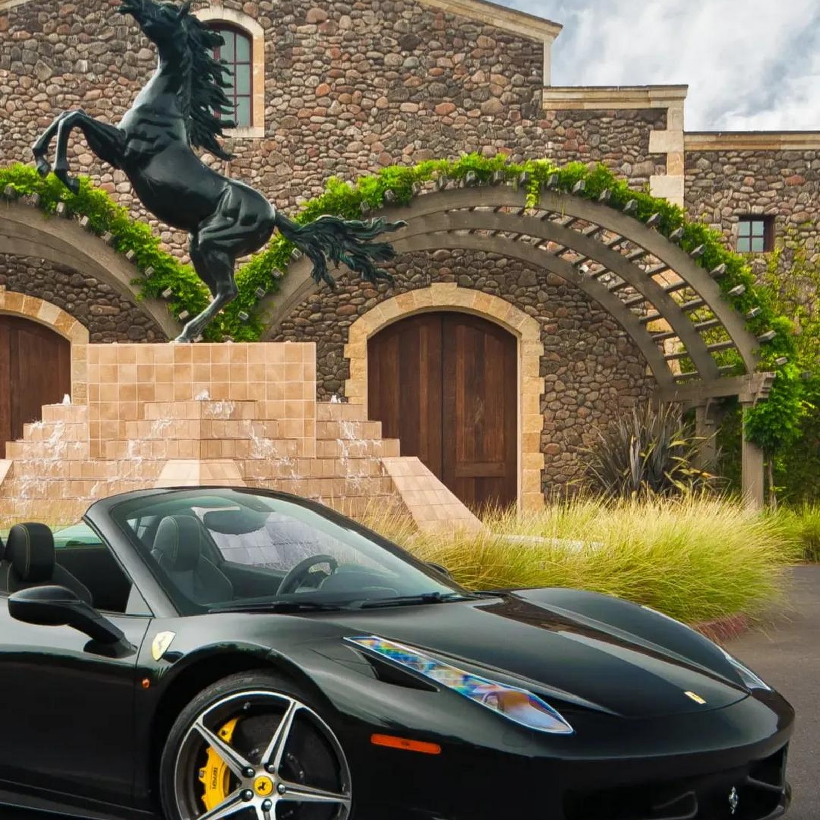 Download Ferrari, Convertible, Horse Statue, Luxury Lifestyle Full HD iPhone