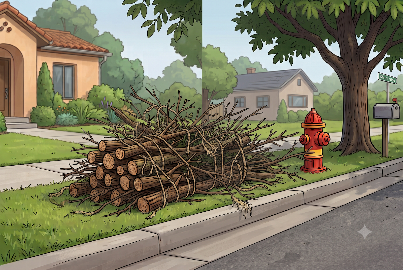A non-compliant brush pile: criss-crossed branches spilling off the parkway into the sidewalk and street.