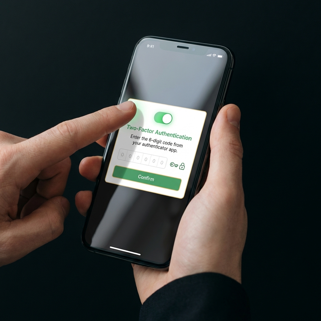 Close up of a user enabling two factor authentication on a smartphone for a crypto app interface in minimalist Finance Police style showing the best app to buy crypto
