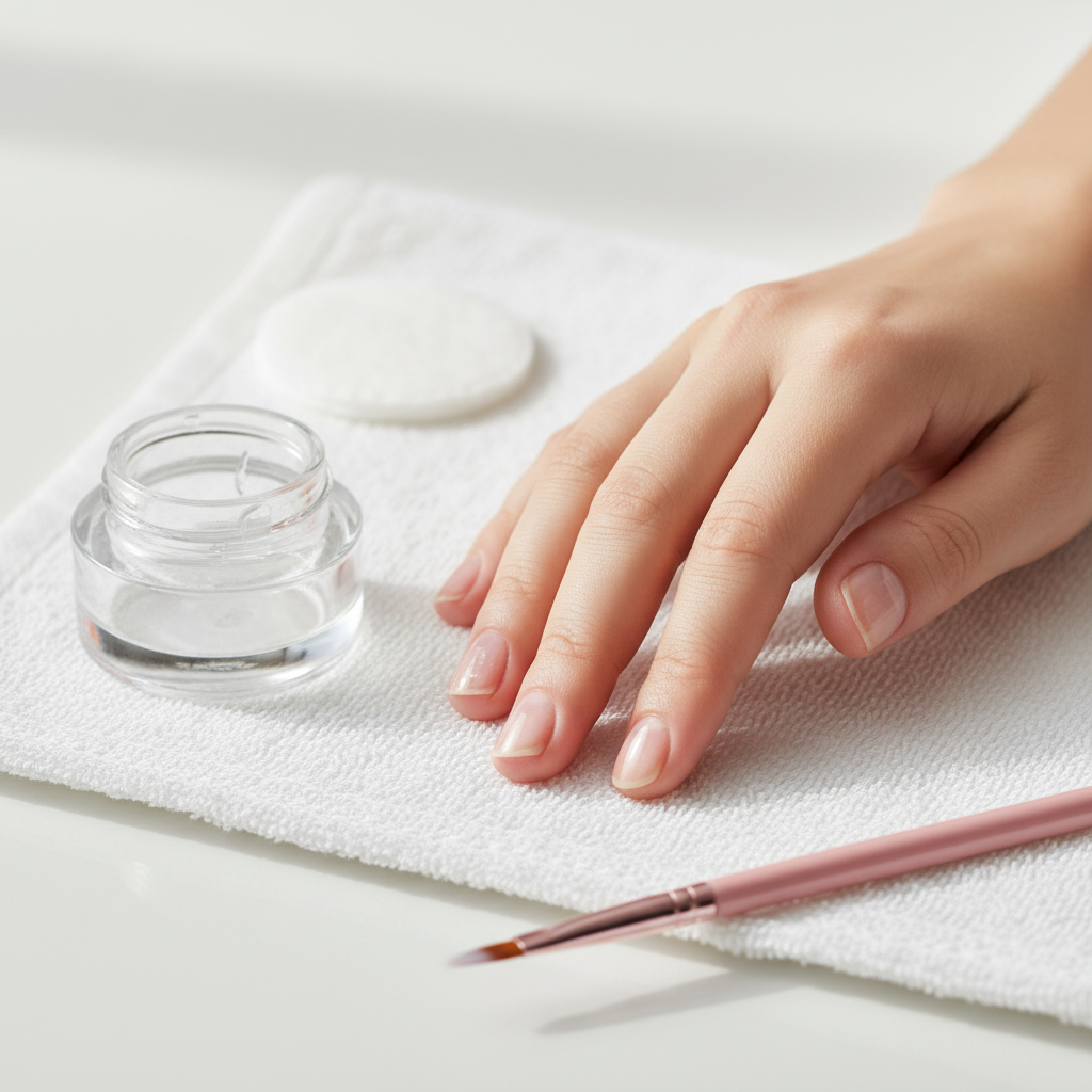 Nahaufnahme einer Hand mit halb fertiger Gelnägel-Maniküre auf weißem Handtuch, offener unlabeled Basisgel-Tiegel und Pinsel im Hintergrund — Gelnägel Schritt für Schritt