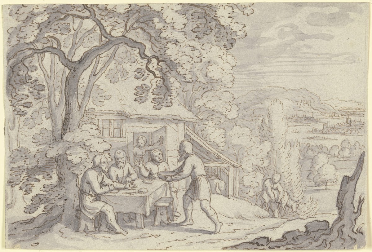 Abraham bewirtet die drei Engel unter einem Baum vor seinem Haus ca 1625