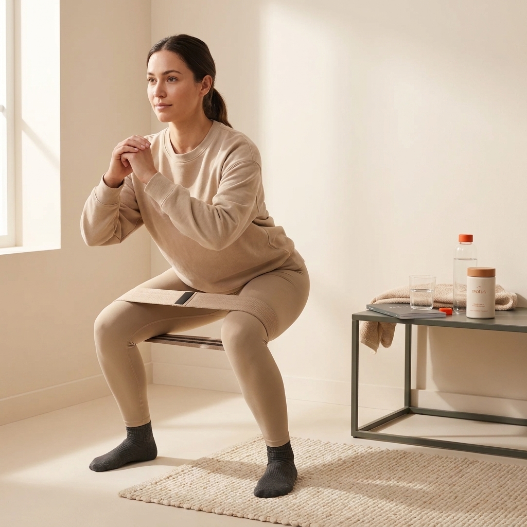 Woman doing a banded squat at home with Tonum research booklet and Motus supplement visible - practical strength routine addressing post menopause and weight gain.