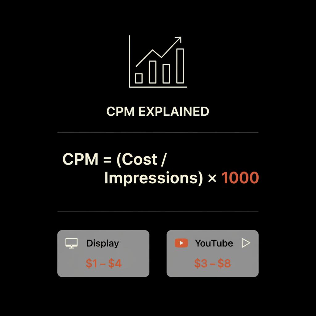 Minimal infographic showing Google Ads CPM formula “CPM = (Cost / Impressions) × 1000” and example calculations: Display $1–$4, YouTube $3–$8 in Social Success Hub brand colors.