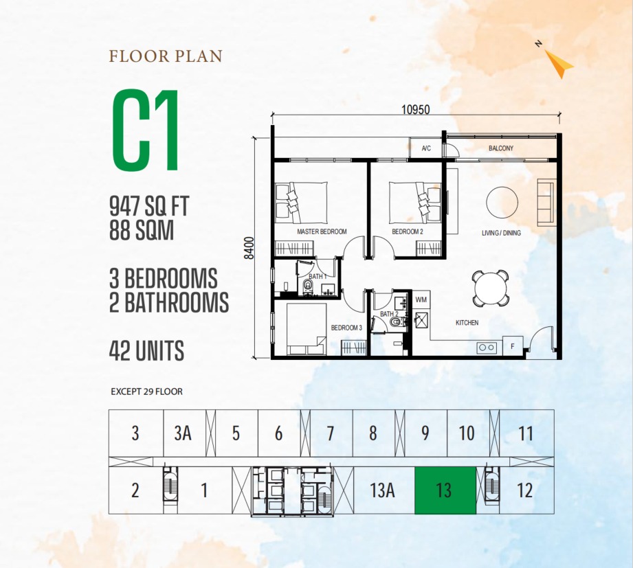 Vox Type C1 floor plan — 912 sq ft, 3 bedrooms