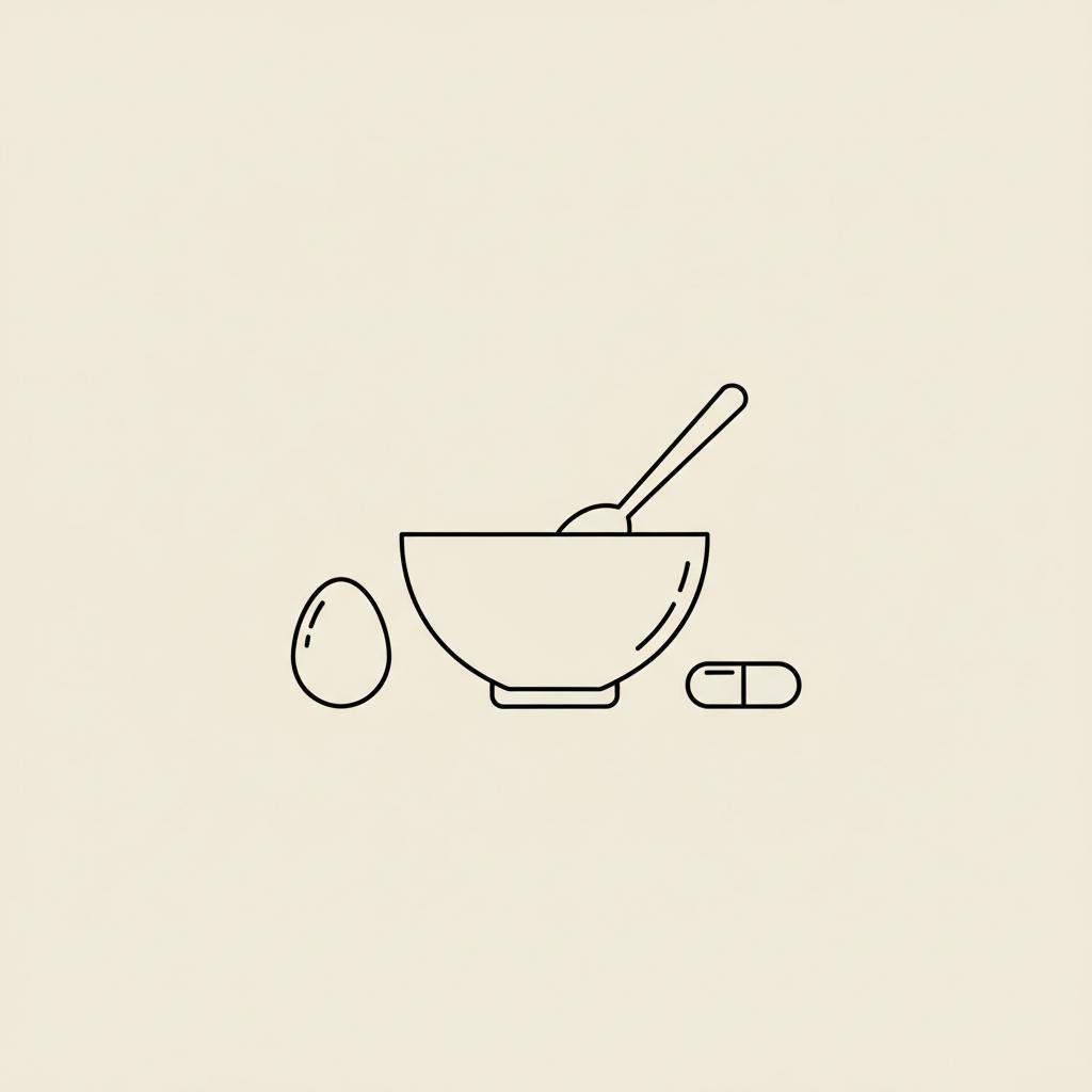 Minimal Tonum-style line illustration of a bowl with spoon, an egg, and a capsule on beige background representing best nutrients for weight loss.