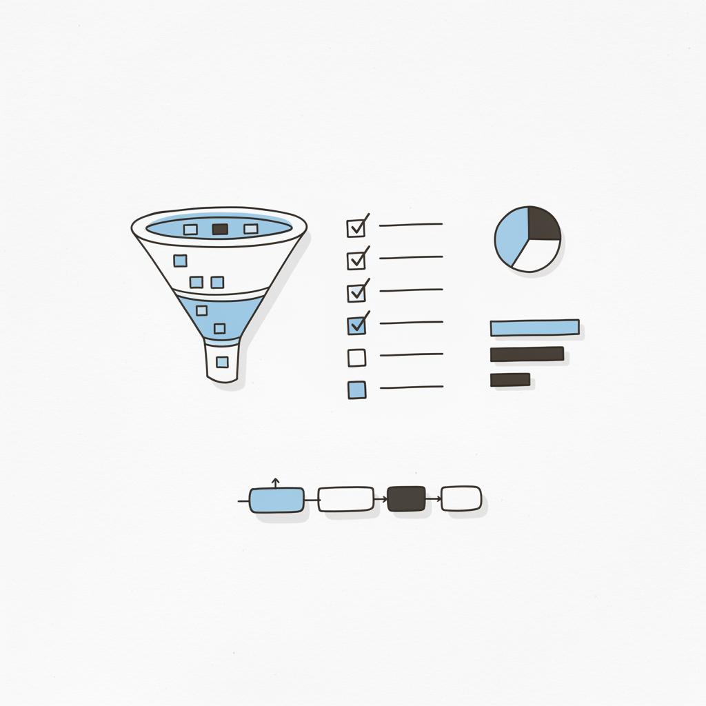 Vector notebook close-up with a funnel sketch, feature-prioritization checklist and mini budget chart highlighted in blue, illustrating website development cost planning.