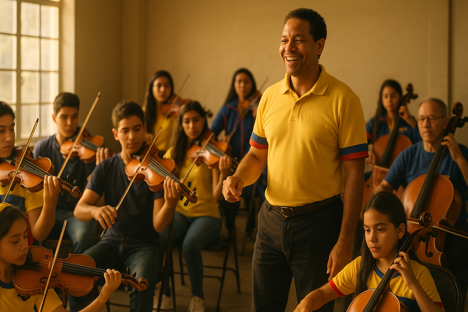 Músicos venezolanos ensayando en una sala comunitaria con instrumentos de cuerda