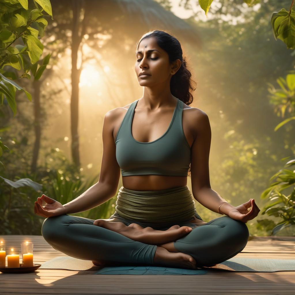 Indian woman meditating peacefully in a yoga pose at sunrise, surrounded by greenery
