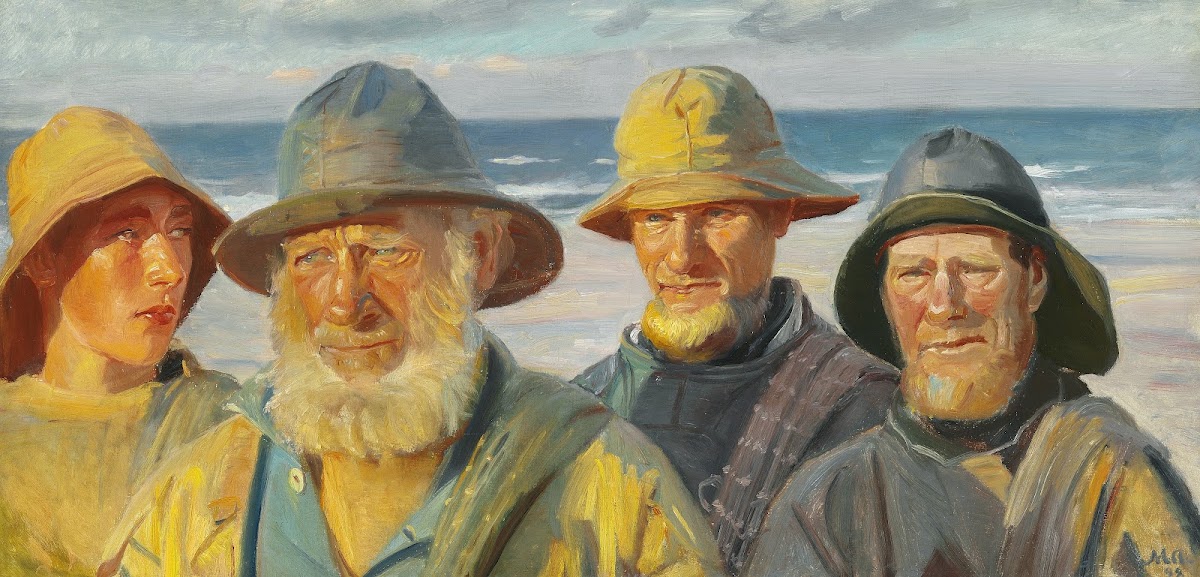 Fire fiskere i solskin på Skagen Strand 1898