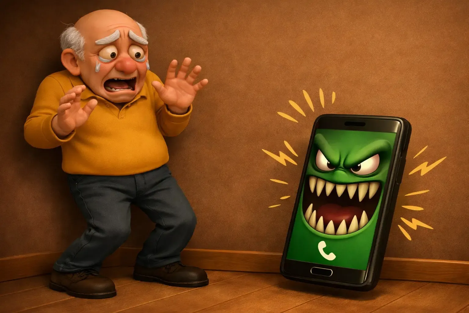 Un anciano atemorizado por no saber responder una llamada en su teléfono.