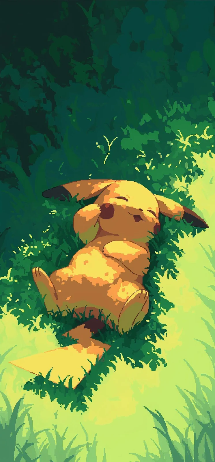 Pikachu Sleeping in Grass - Pixel Art Style Full HD iPhone Wallpaper (1080x2321)