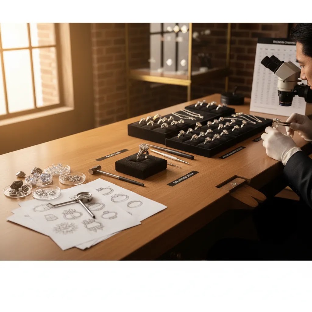 Wholesale diamond jewelry sampling pre-production and QC workflow with prototype and finished jewelry