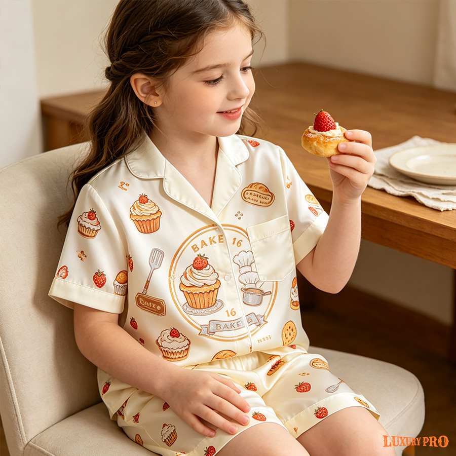 AOP Short Milk Silk Pajama Set With Pockets For Kids