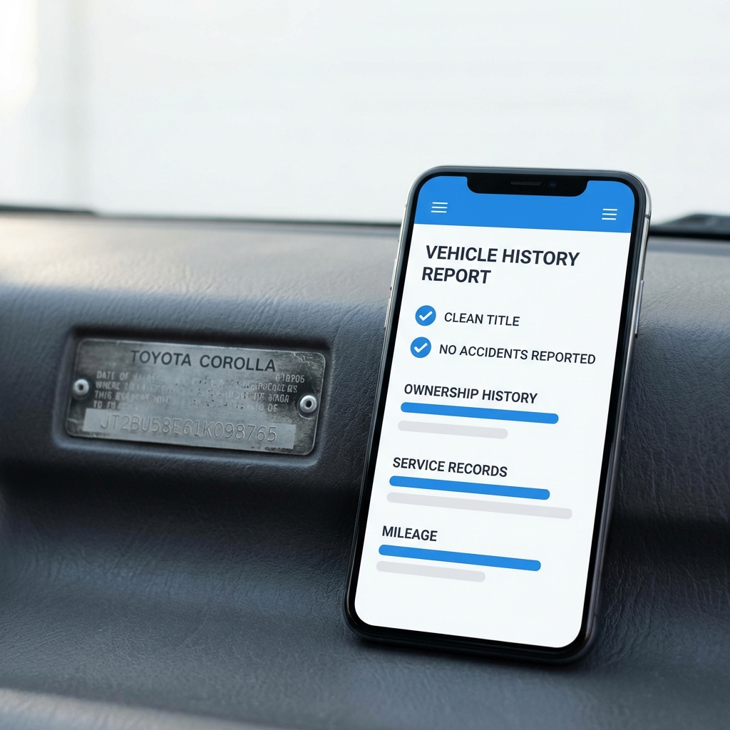 Close up of VIN plate on a Toyota Corolla dashboard beside a smartphone showing a minimalist vehicle history report interface from CarFax Deals on white background toyota corolla for sale