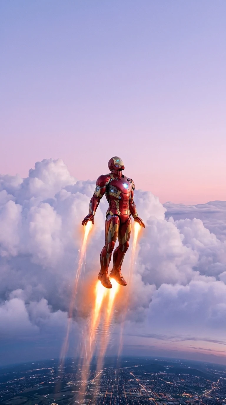 Armored Hero Soaring Above Soft Pink and Purple Sunset Clouds - Free 8K and 4K mobile Wallpaper Background