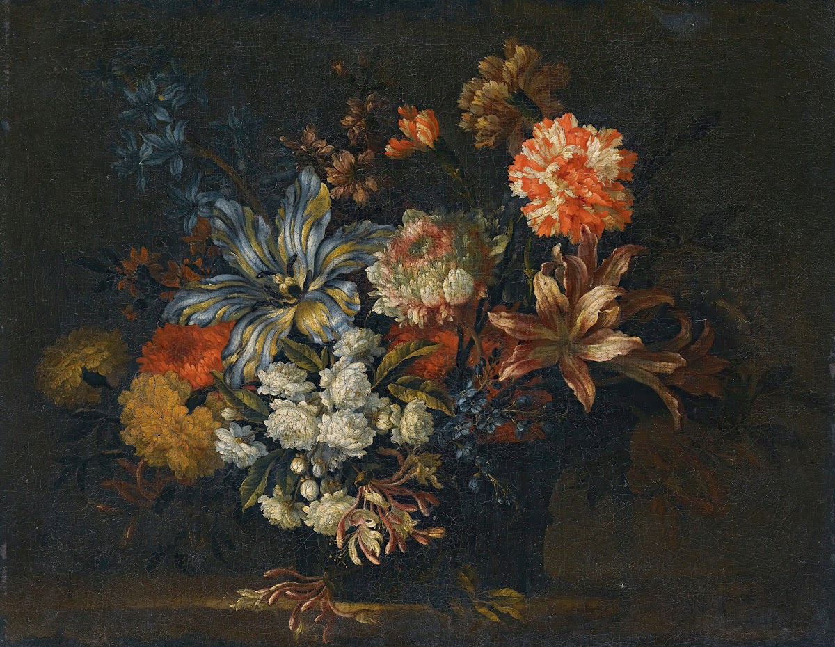 A Still Life Of Lillies Honeysuckle And Other Flowers In A Vase On A Ledge