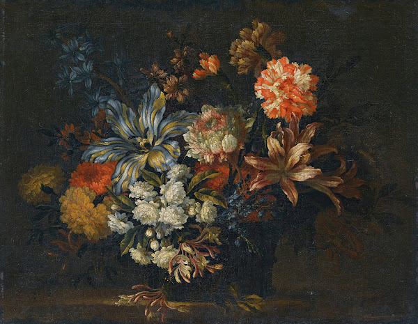 A Still Life Of Lillies Honeysuckle And Other Flowers In A Vase On A Ledge