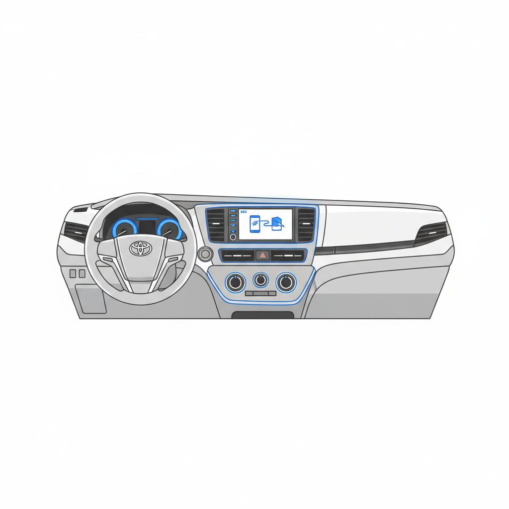 Minimalist 2D vector of Toyota Sienna dashboard and infotainment screen with phone connected on white background and CarFax Deals blue accents toyota sienna for sale