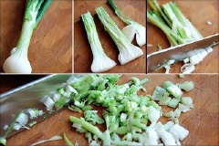 Loại bỏ các lá màu xanh đậm của củ hành rồi cắt nhuyễn. Sau đó rửa sạch và cắt hạt lựu cà chua. Lá hẹ rửa sạch, cắt nhỏ.