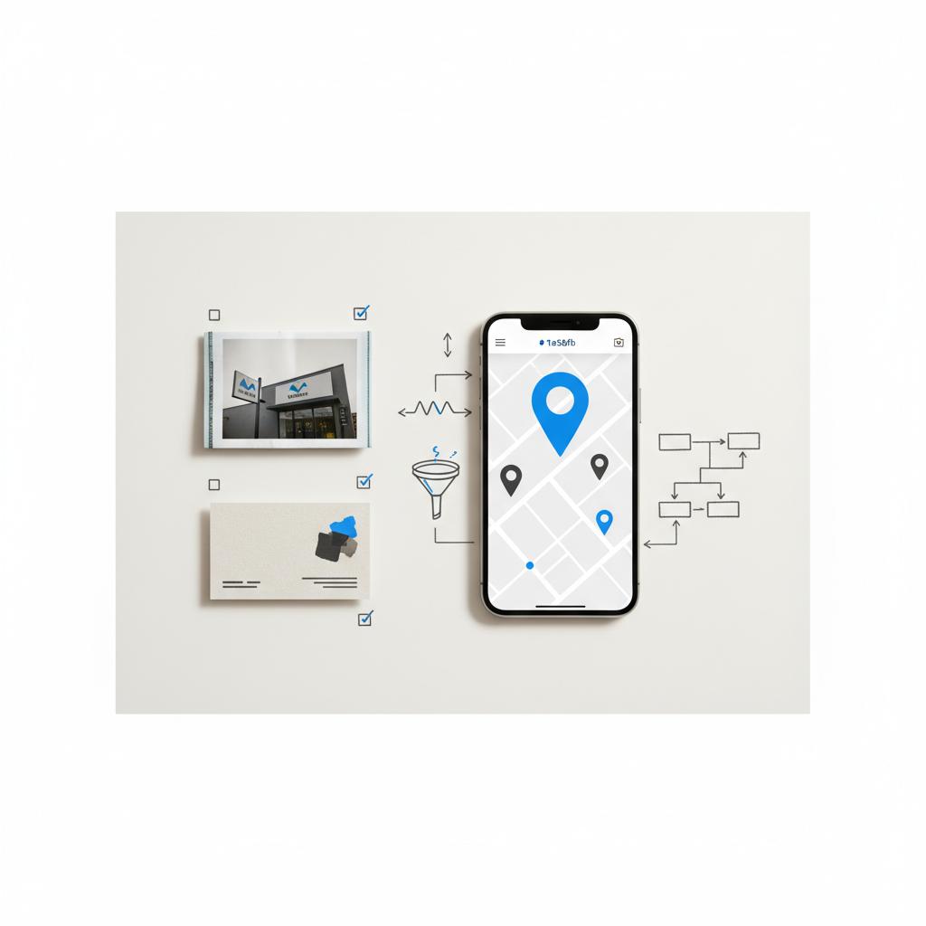 Top-down notebook-style flat-lay with a smartphone showing a map pin and printed photos of a storefront, utility bill and business card illustrating Google Business Profile setup.