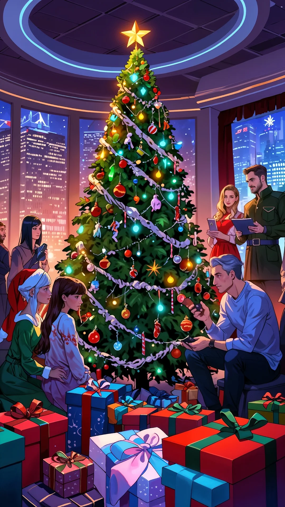 Festive Christmas Tree with Gifts and Friends in City Loft - Free 4K mobile Wallpaper