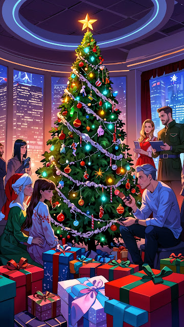 Festive Christmas Tree with Gifts and Friends in City Loft - Free mobile Wallpaper