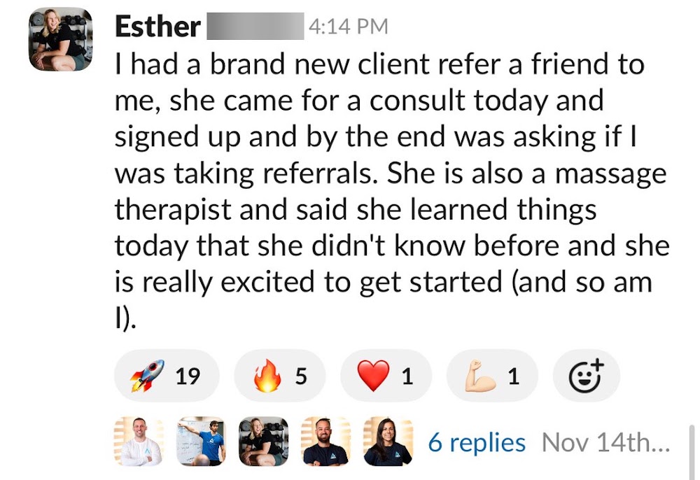 Slack post from an Active Life Professional