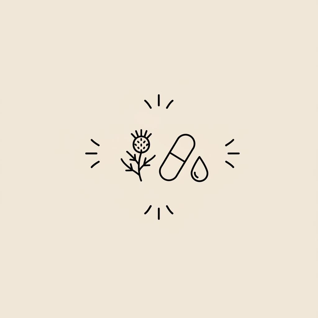 Minimal Tonum-style 2D vector line illustration on beige background showing milk thistle, capsule, water drop and three stylized scratch marks representing itching and liver disease