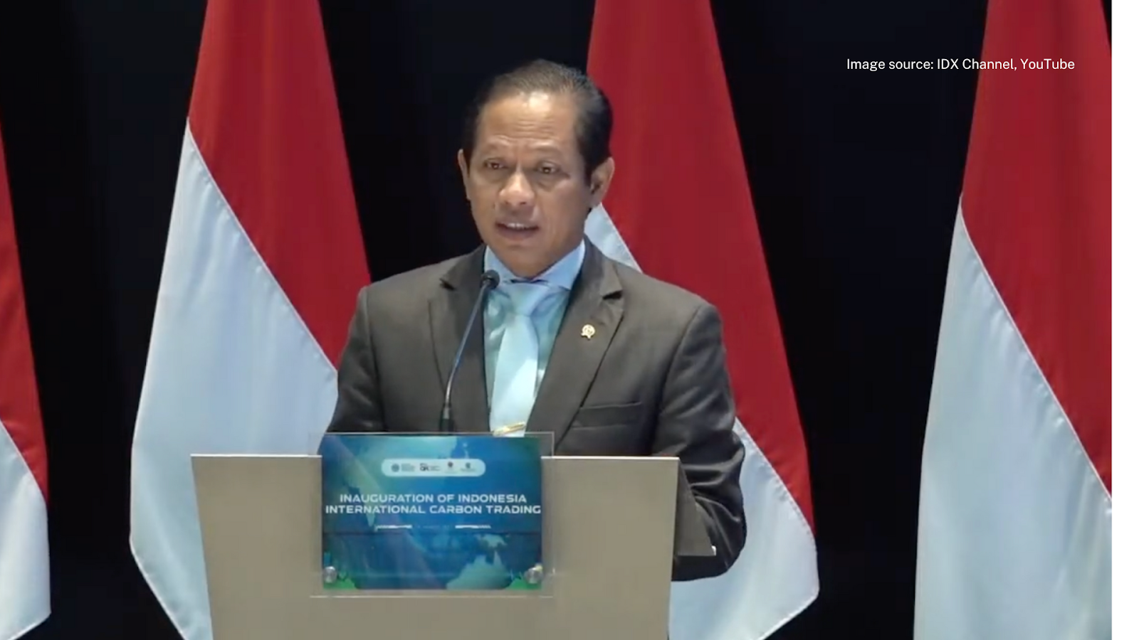Hanif Faisol Nurofiq, Menteri Lingkungan Hidup delivers a speech at the inauguration of Indonesia's International Carbon Trading platform, emphasizing the nation's commitment to sustainable development and global carbon reduction efforts.