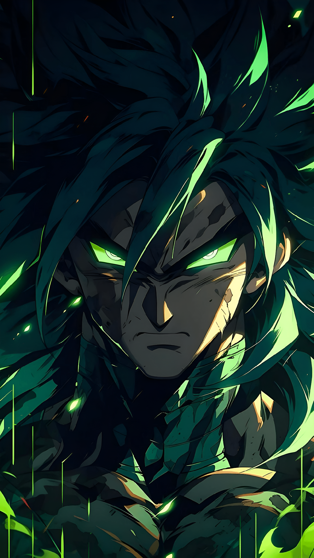 Intense Anime Warrior Portrait with Glowing Green Energy - Free 4K mobile Wallpaper