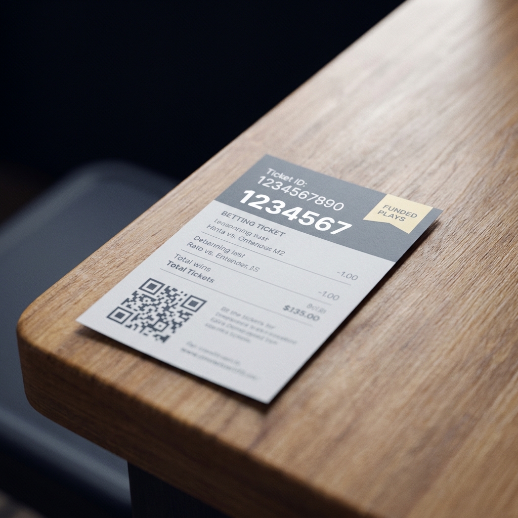 Close up of a printed retail betting ticket with visible QR code and numeric ticket ID on wooden counter for bet slip app