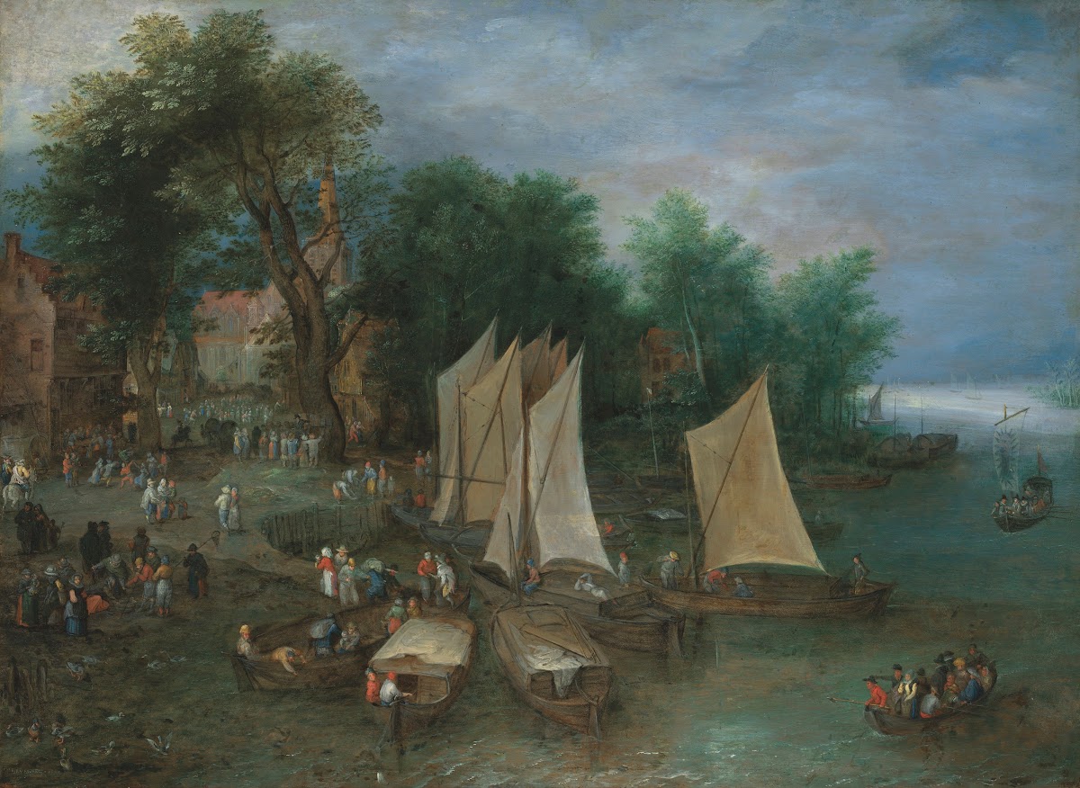 A landing stage near a village with shipping and figures 1600