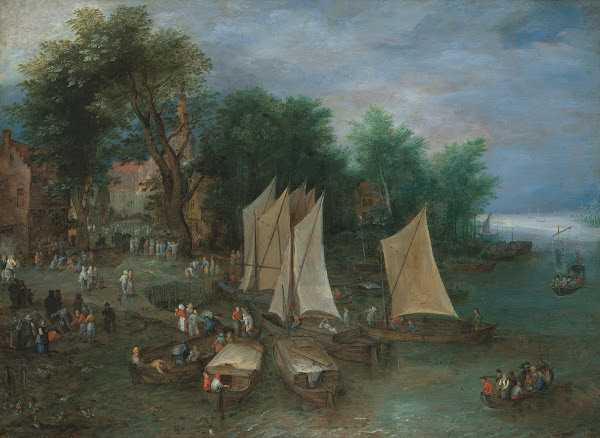 A landing stage near a village with shipping and figures 1600