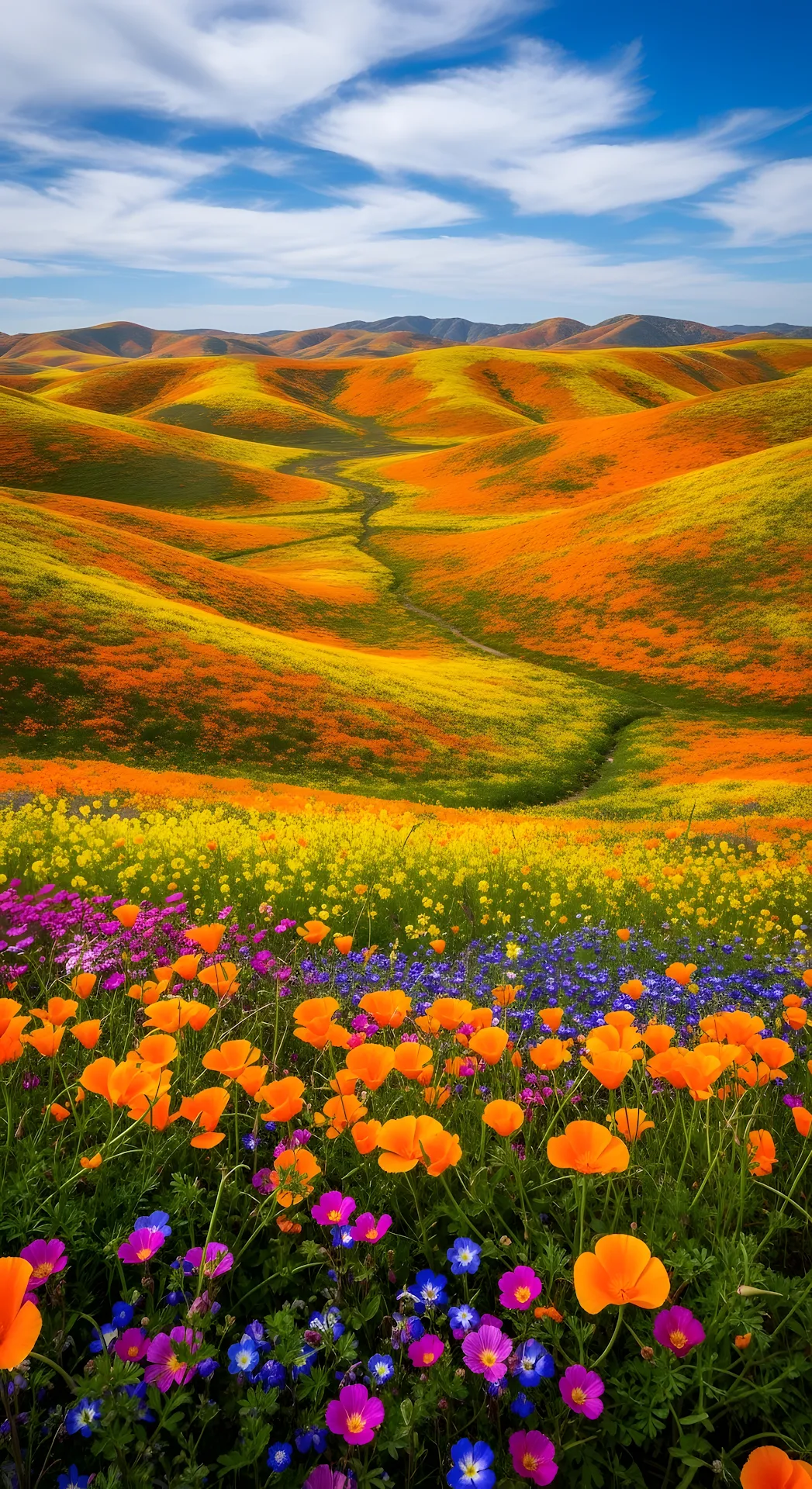 California Poppy Superbloom over Rolling Hills - Free 4K mobile Wallpaper