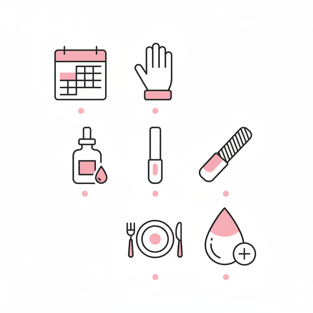 Minimalistische 2D-Vektor-Infografik: Wie bekomme ich meine Fingernägel härter? Sechs Icons (Kalender, Handschuhe, Öl, Feile, Ernährung, Wasser) in NailX-Farben auf weißem Hintergrund.