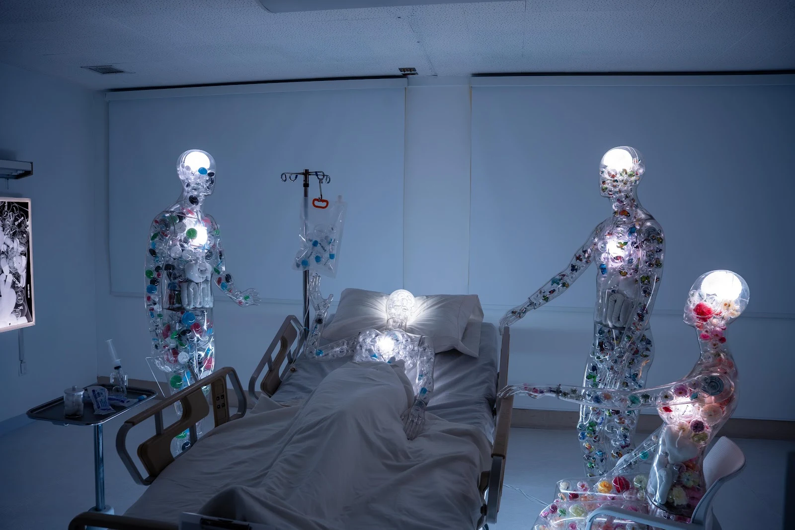Transparent Glowing Figures in Hospital - Art Installation 5K Wallpaper (6000x4000)