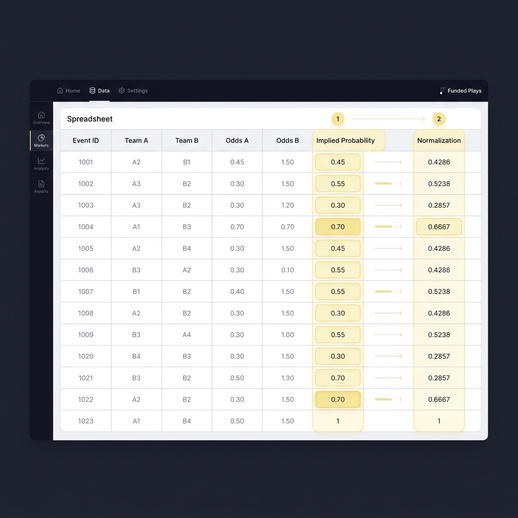 no vig odds calculator spreadsheet UI showing step by step highlighted implied probability cells and a normalization column on a minimalist dark Funded Plays background