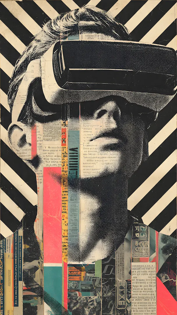 Retro VR Headset Portrait Collage Pop Art Newspaper Texture