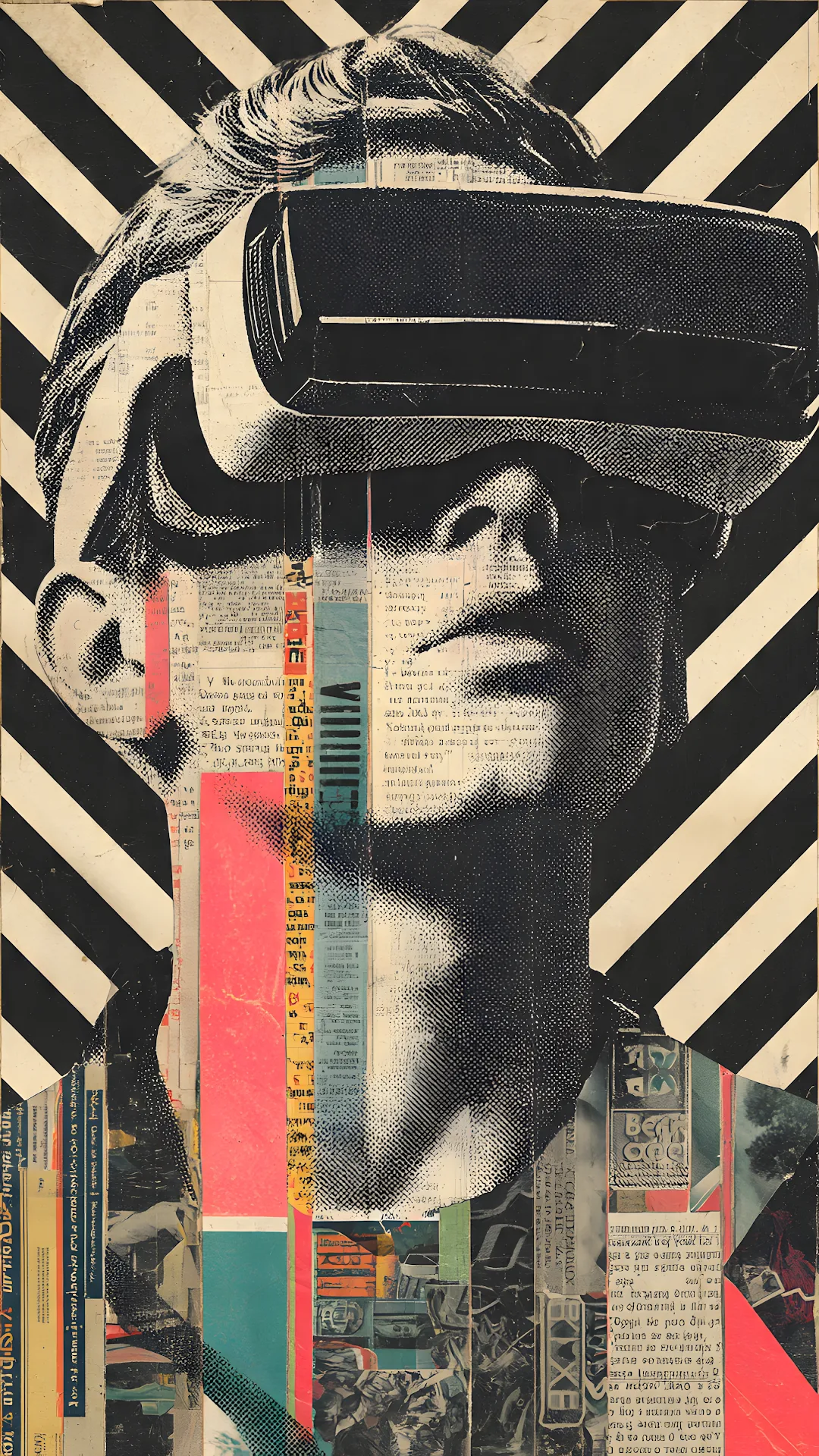 Retro VR Headset Portrait Collage Pop Art Newspaper Texture - Free 4K mobile Wallpaper