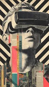 Retro VR Headset Portrait Collage Pop Art Newspaper Texture