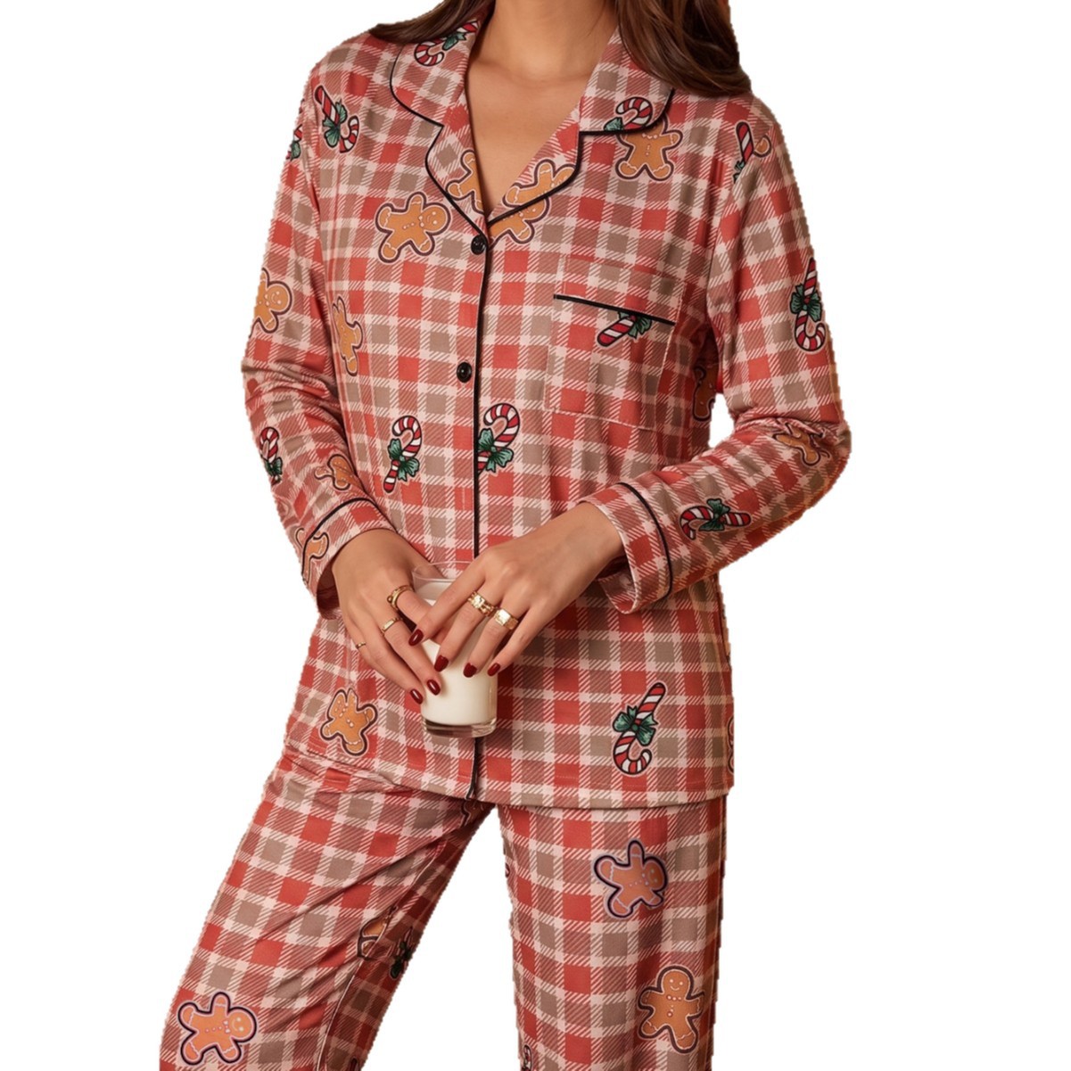 Women's pajama set with check pattern and shawl collar