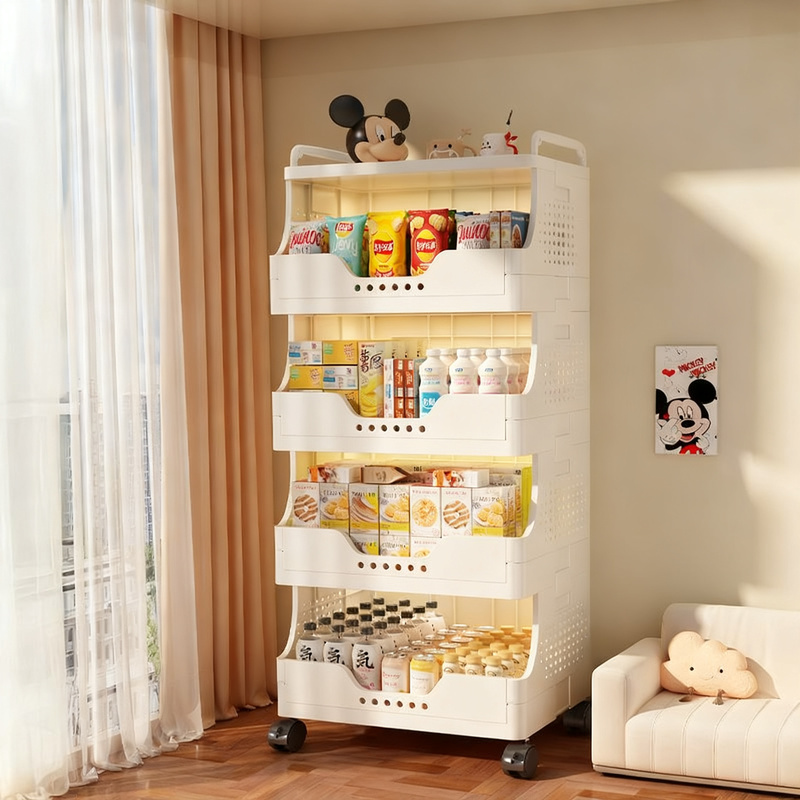Plastic shelf cart with wheels, multi-tiered